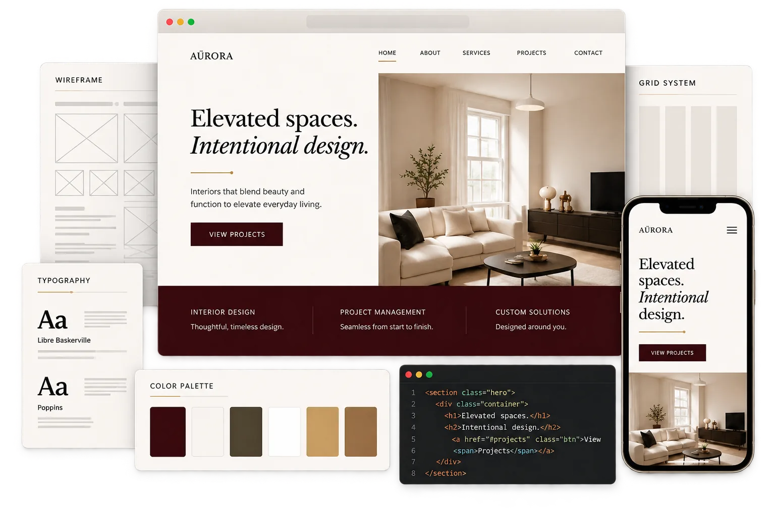 Horizon web design process including desktop website, mobile design, wireframe, typography and color palette